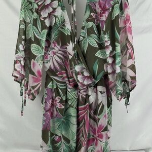New York & Company Olive Floral Wrap Romper with Pink & Mint Accents